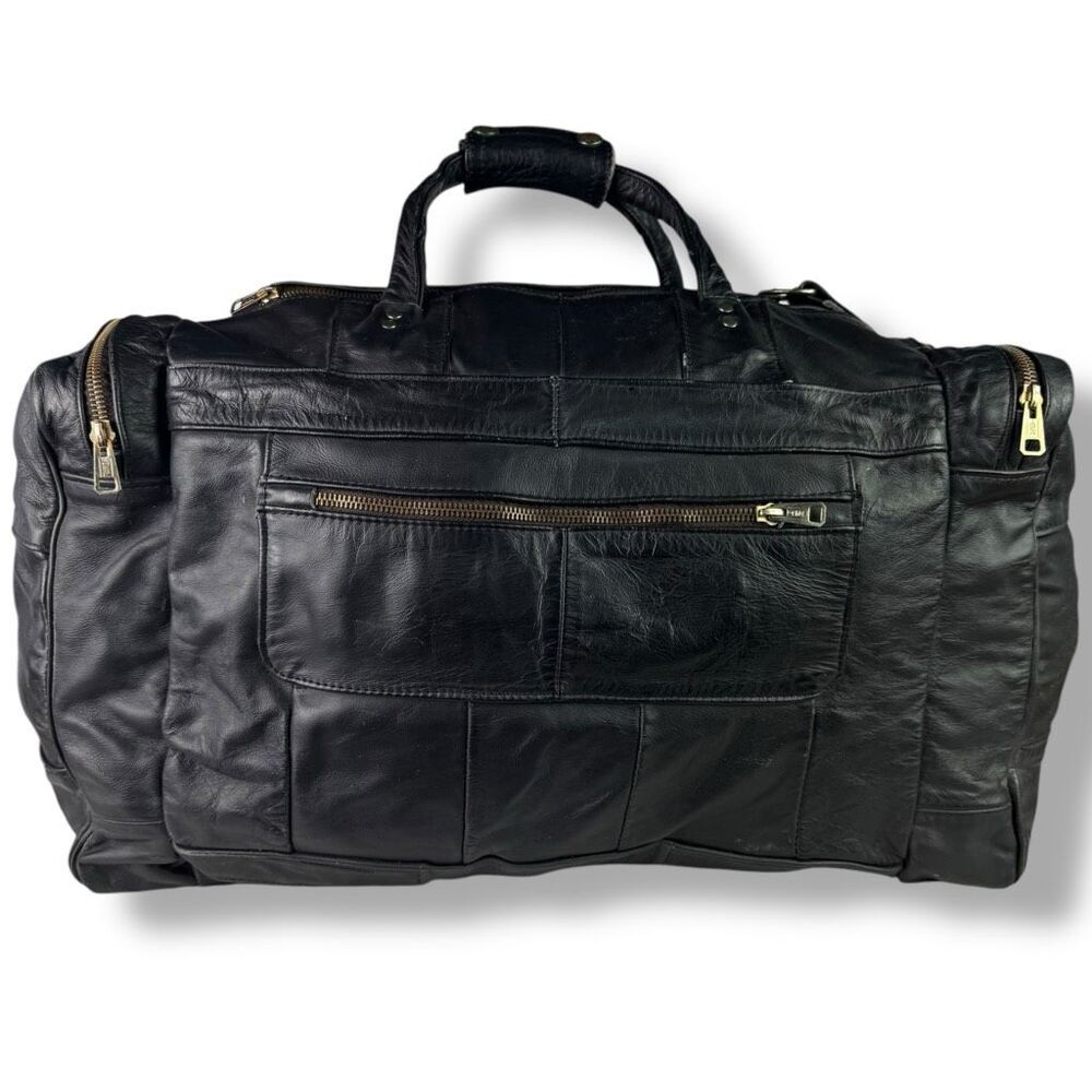 Vintage 80s 90s Y2K Duffel Travel Overnight Bag Weekender Black Leather Denim - Picture 3 of 11